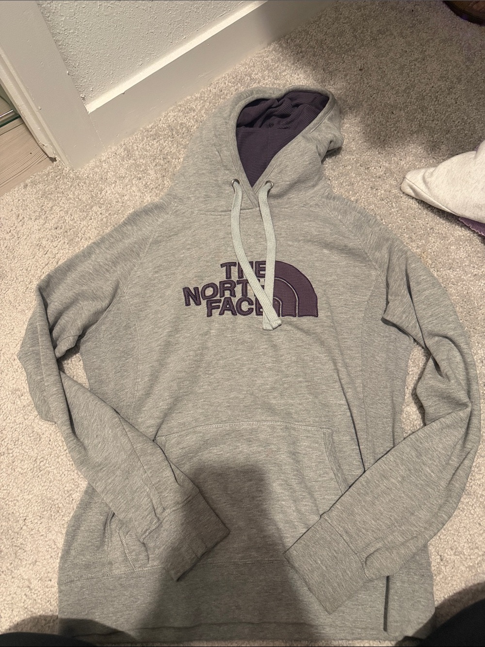 The North Face Men's Light Gray Crewneck Hoodie with Purple Logo